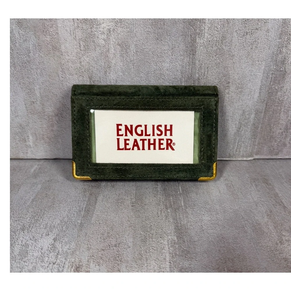 English Leather Green Suede Zip Around Card Holder Wallet Gold Corners Vintage